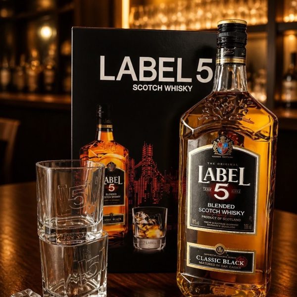 WHISKY LABEL 5 x 1LT ESTUCHE CON 2 VASOS