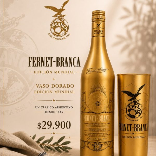 FERNET BRANCA ED MUNDIAL + VASO BRANCA ED MUNDIAL DORADO